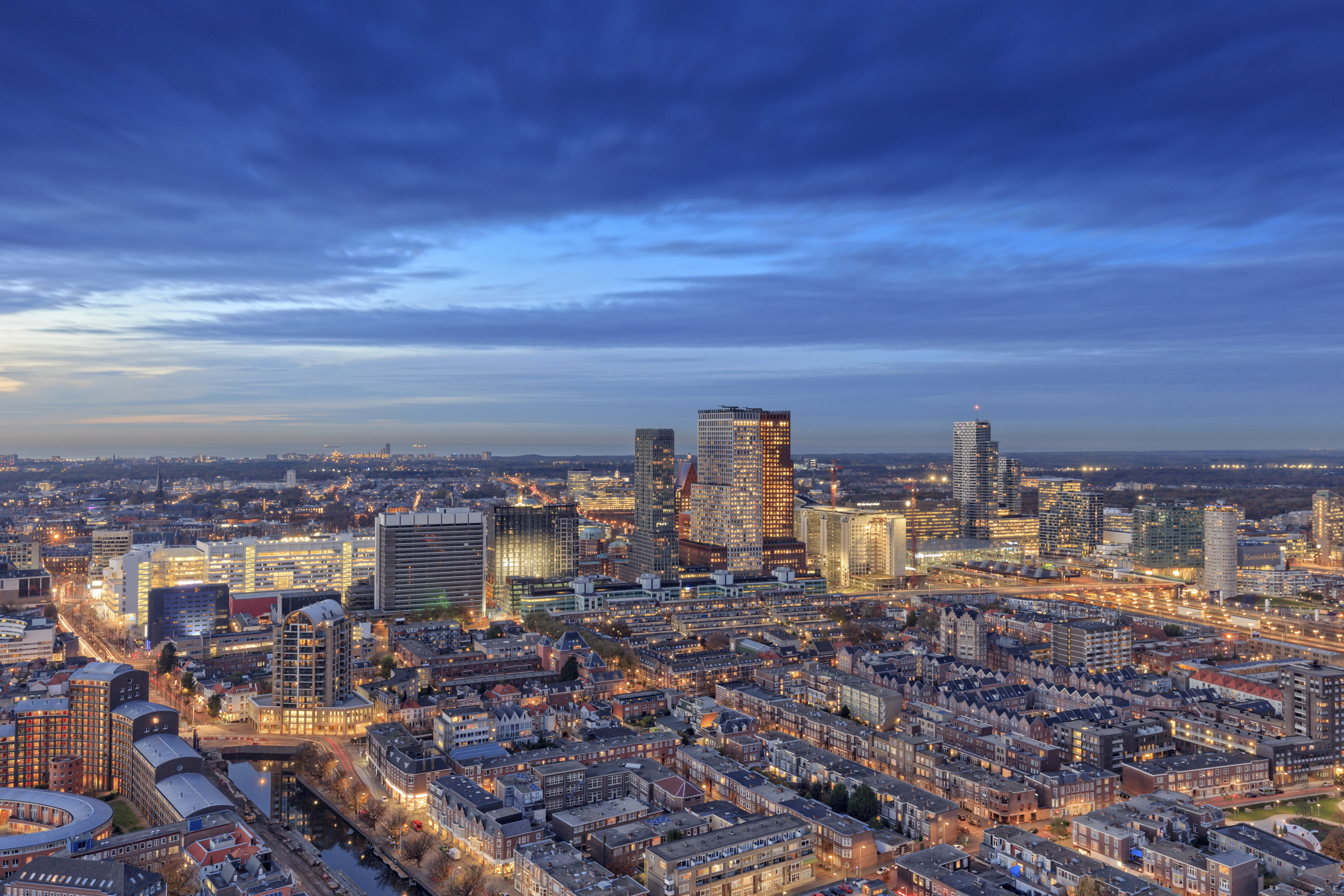 aerial view on The Hague’s city centre at dusk