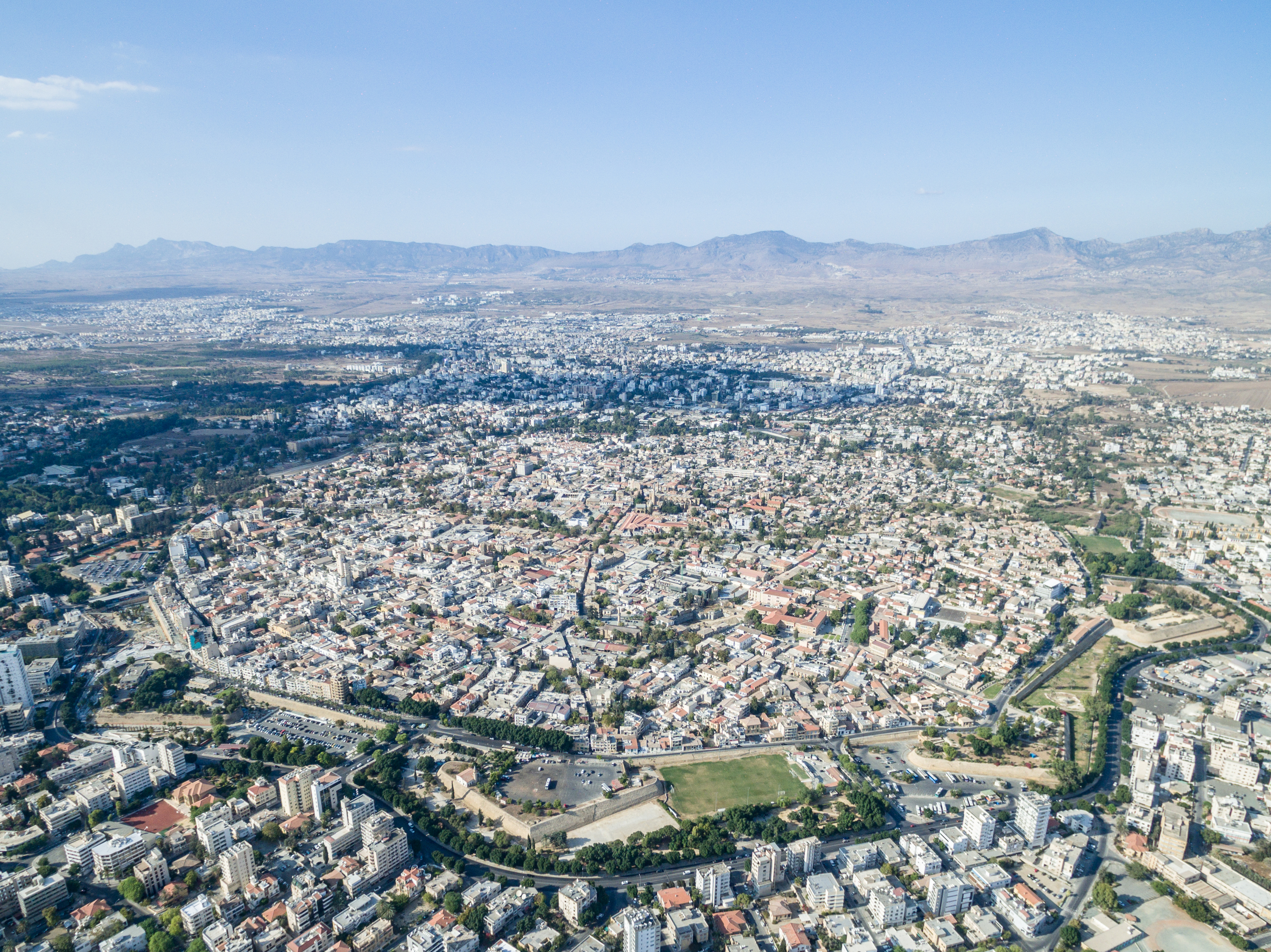 High altitude aerial view of the old city of Nicosia enclosed within the Venetian walls
